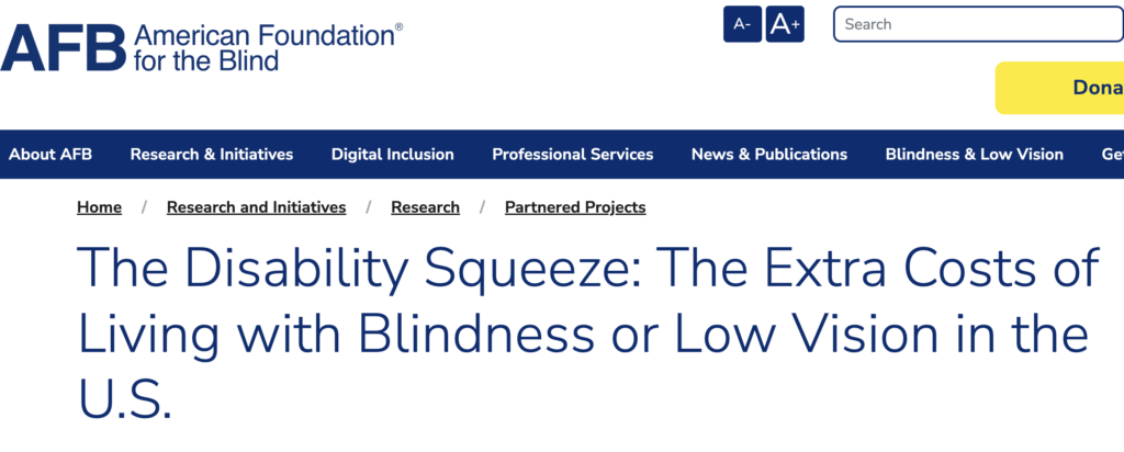 Shows the tittle of the AFB research brief: The Disability Squeeze: The Extra Costs of Living with Blindness or Low Vision in the U.S.
