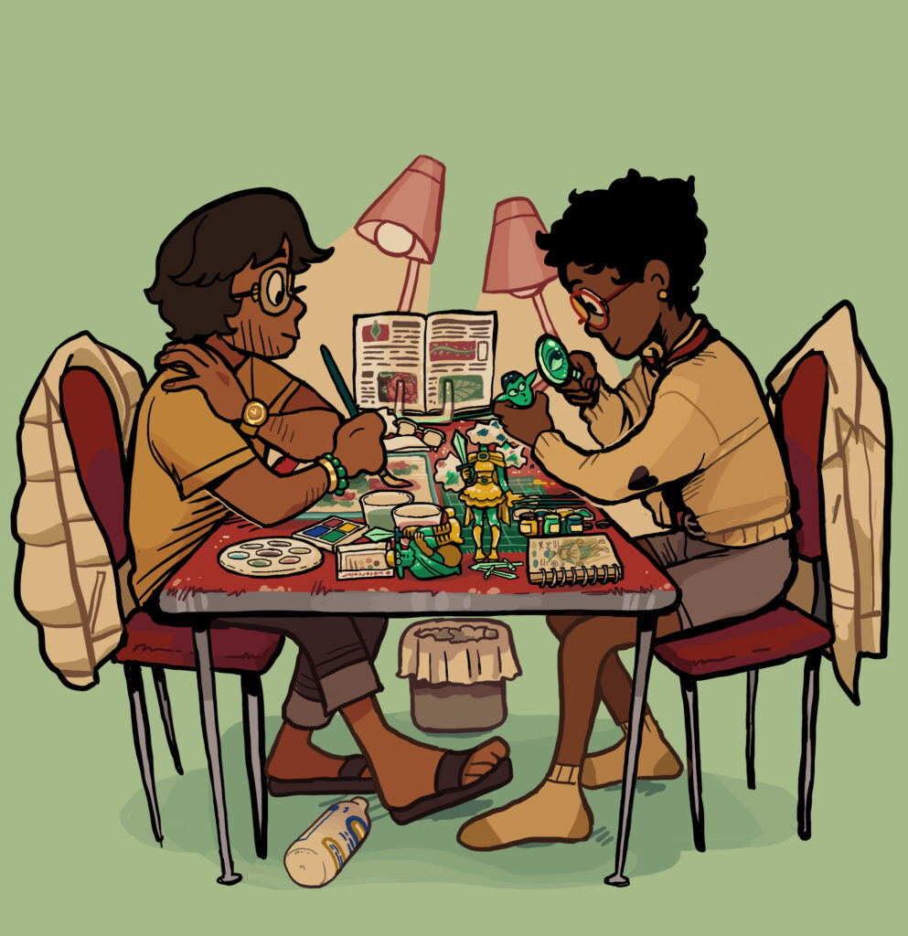 Two visually impaired people sit at a table cluttered with art supplies, both wearing glasses. On the left, the South Asian person with facial hair uses watercolor to paint flowers. A reference book and a pair of reading glasses rests behind them. Across the table, the Black person with short hair examines a small figurine through a magnifying glass that's centered on an eye. The craft area is warmly lit by two desk lamps and the illustration background is a yellow green.